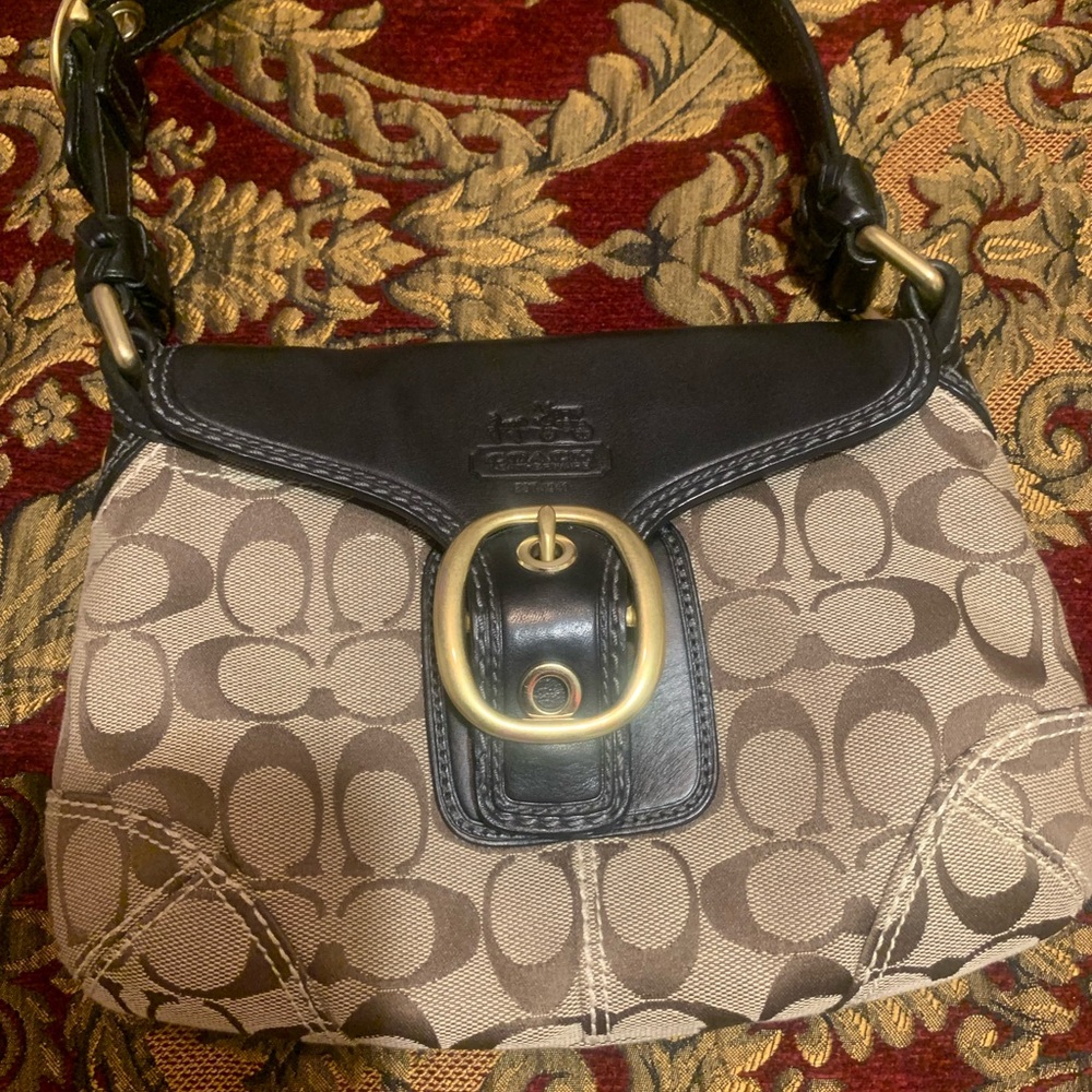 Coach Brown and Black Shoulder Bag with Signature Monogram